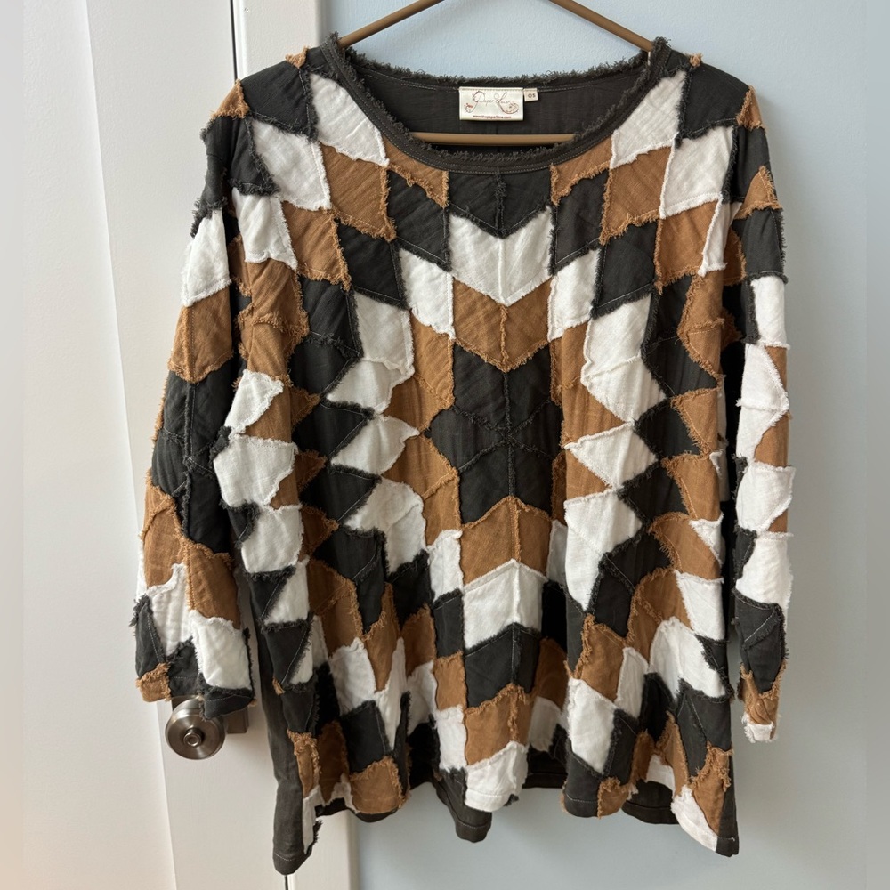 Paper Lace Patchwork Funky Top Boho Hippie sz XL 3/4 Sleeves White Grey & Camel